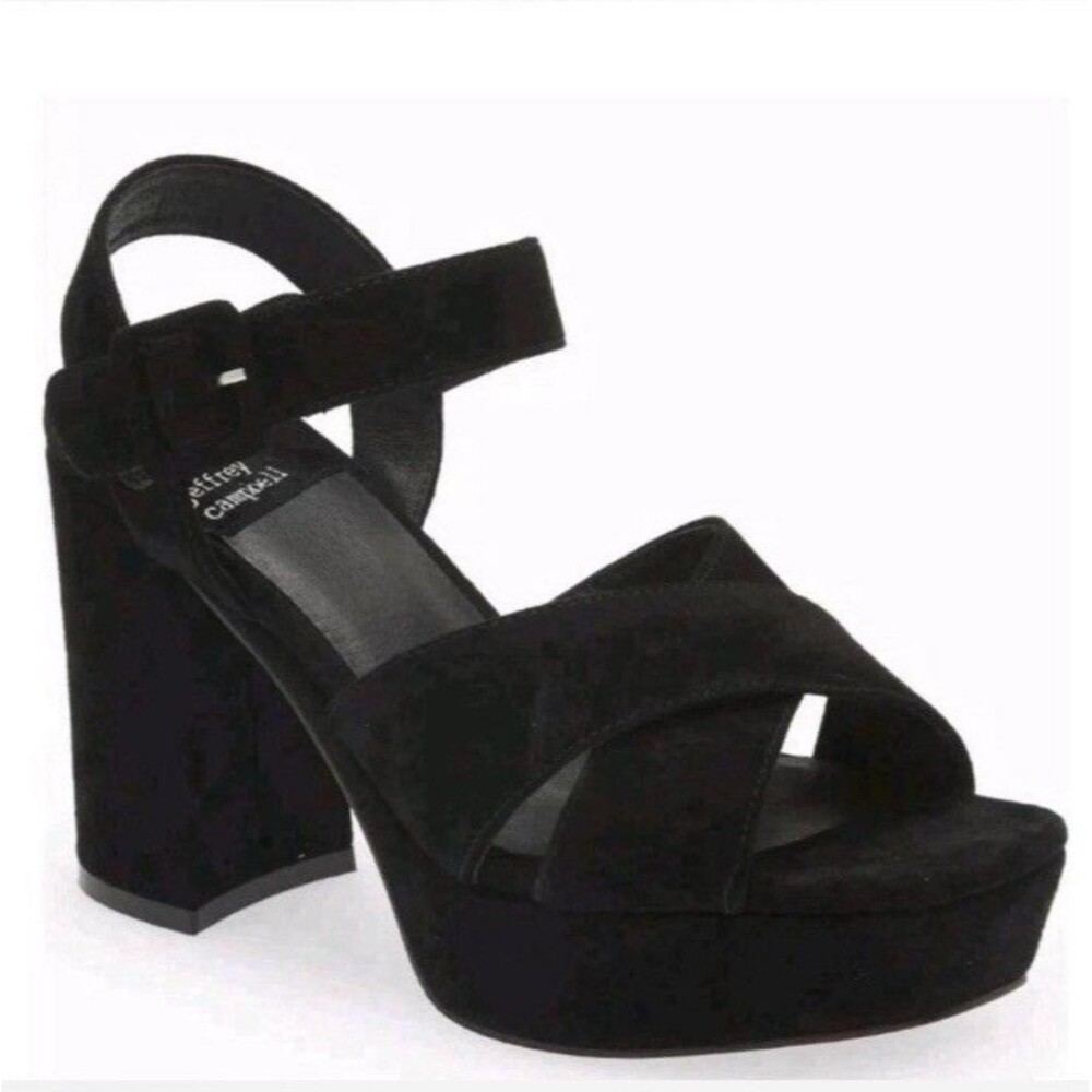 Jeffrey Campbell AMMA-NW Platform Chunky Heel Suede Sandal Black 2-Strap US 10